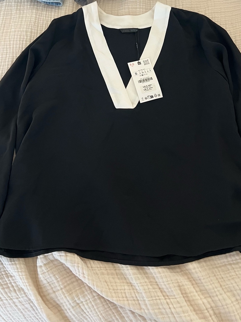 Zara Black V-Neck Blouse with White Trim